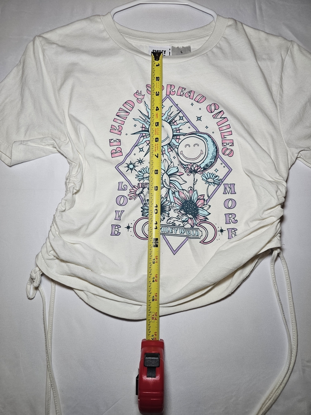 Smiley World Ruched Baby Tee Kids Large Pastel Graphic Crop Top Y2K Fairycore - Picture 3 of 5